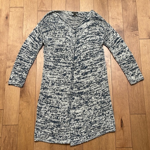 Massimo Dutti long knit cardigan open front Italian cotton yarn blue white sz M - Picture 4 of 11